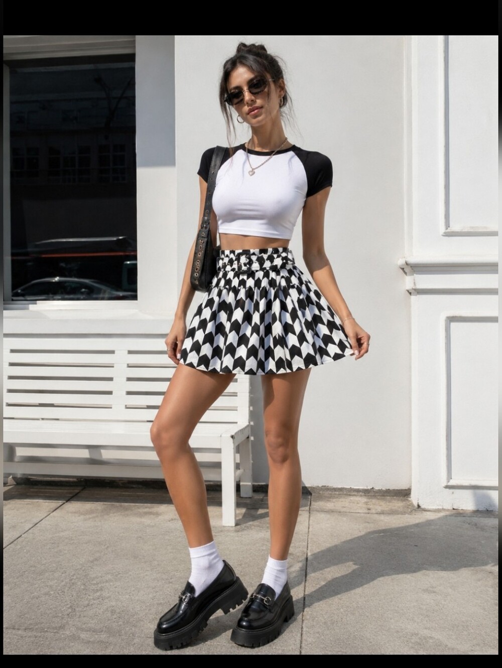 Sans Souci Black White Geometric Belted Mini Skirt Size L